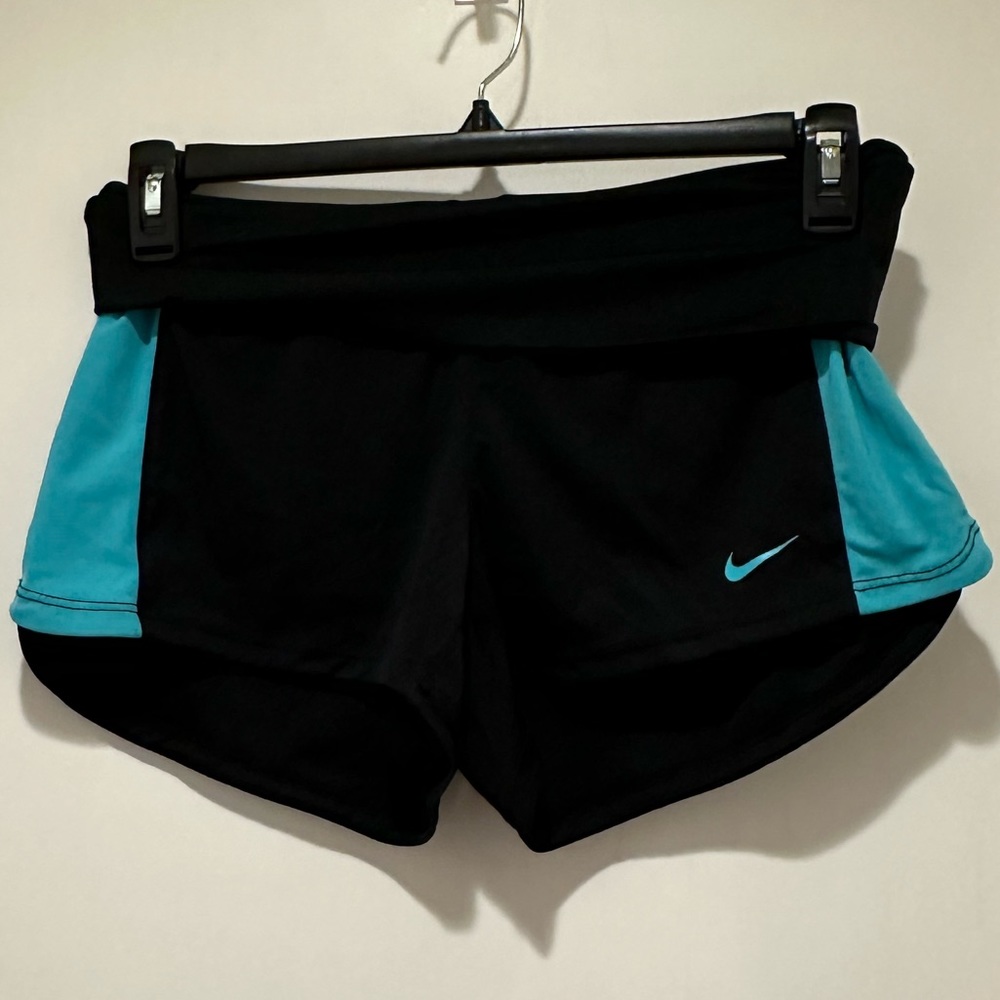 Nike Black & Blue Dri-Fit Foldover Waist Stretch Workout Athletic Shorts
